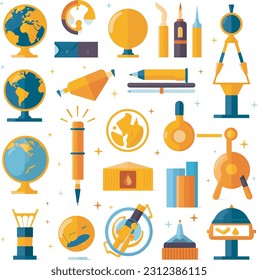 Icono establecido en un estilo plano de educación como un gorro de graduación, libro, lápiz, microscopio y globo, sobre un fondo blanco transparente. Iconos que transmiten el concepto de aprendizaje y conocimiento