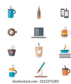 Icon set in a flat style with a touch of realism, everyday objects such as a laptop, smartphone, coffee cup, book, and pencil, on a white transparent background