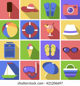 Icon set. Flat travel objects. Umbrella, shale, suitcase, camera, hat, boat, fins, goggles, popsicle, ice cream, beach bag, collection. Vector illustration. Grouped for easy editing.