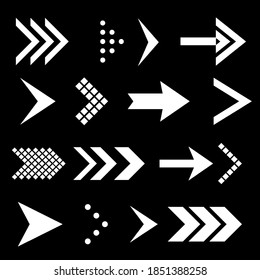 Icon Set of Flat White Arrows. Isolated Arrow Icon Set Collection for Back and Next User Interface Icons. Undo and Redo Collection. Different Shape Concept for Previous or Forward on Black Backdrop