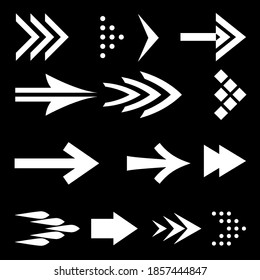 Icon Set of Flat White Arrows on Black. Isolated Arrow Icon Collection for Back and Next User Interface Icons. Undo and Redo Collection. Different Shape Concept for Previous or Forward Web Buttons