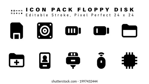 Icon Set of Floppy Disk Glyph Icons. Contains such Icons as Folder, Folders, Phone Personal, Charger Plug etc. Editable Stroke. 24 x 24 Pixel Perfect