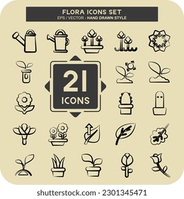 Icon Set Flora. related to Flora symbol. hand drawn style. simple illustration. plant. Oak. leaf. rose