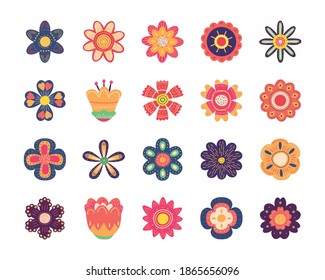 icon set of floral elements over white background, colorful design, vector illustration