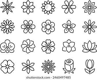 Icon set of flowers floral gardening rose plant petal daisy clover ornate flower blossom lily. Thin line icons flat vector illustrations isolated on white and transparent background	
