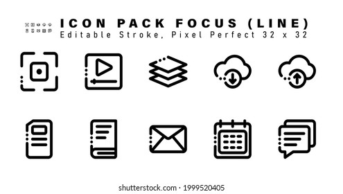 Icon Set of Focus Line Icons. Contains such Icons as Upload, Files, Bookmark, Mail etc. Editable Stroke. 32 x 32 Pixel Perfect