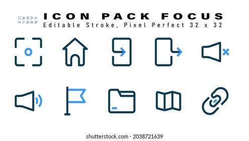 Icon Set of Focus Two Color Icons. Contains such Icons as Mute, Sound, Flag, Folder etc. Editable Stroke. 32 x 32 Pixel Perfect