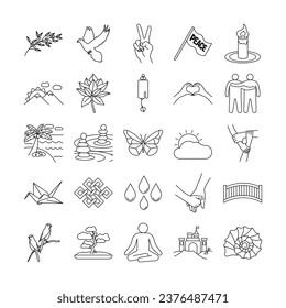 An icon set focused on peace comprises 25 simple and concise visual representations, each encapsulating various facets of harmony and tranquility