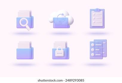 Icon set with folder and check list. 3D Web Vector Illustrations.