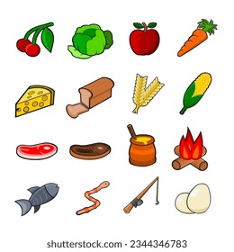 Icon Set Food Cooking and Fishing Vector Illustrations