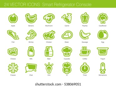 Icon set of food, drink and smart refrigerator