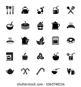 Icon set of food, drinks and utensils. Cooking, food preparation, breakfast. Kitchen concept. For topics like cafe, housekeeping, restaurant