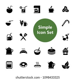 Icon set of food, drinks and utensils. Cooking, food preparation, breakfast. Kitchen concept. For topics like cafe, housekeeping, restaurant