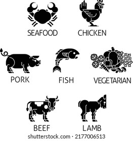 An icon set of food label signs for menu or meal options or similar.  Icons representing chicken, lamb and fish. Crab for seafood, cow for beef, pig for pork and vegetables for the vegetarian option.