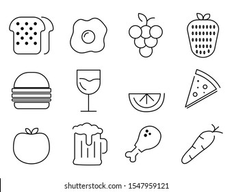 icon set of food related outline design, included as bread, hamburger, egg, pizza, grape and more.