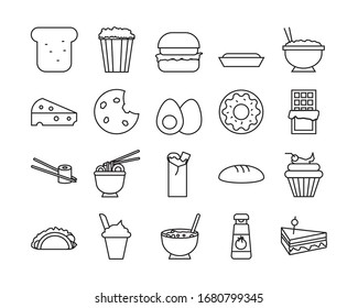 icon set of food related outline design, included as bread, hamburger, egg, pizza and more.