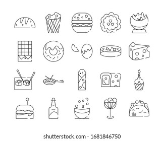 icon set of food related outline design, included as bread, hamburger, egg, pizza and more.