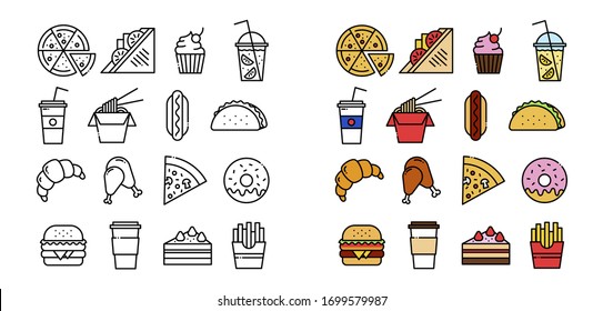 Icon set of food related outline design, included as pizza, sandwich, cake, lemonade, wok, hot dog, tacos, croissant, fried chicken, pizza slice, donut, burger, coffee, cupcake, French fries.