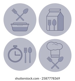 Icon set of food themes. Cutlery, containers, timer, and chefs hat. Cooking preparation concept