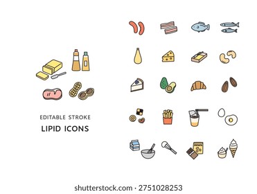 Icon set of foods containing fat