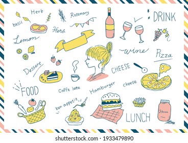 icon set of foods and drinks with woman's profile