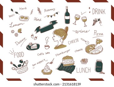 icon set of foods and drinks with woman's profile