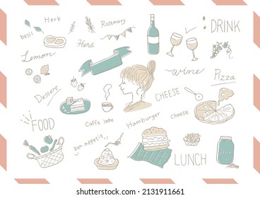 icon set of foods and drinks with woman's profile