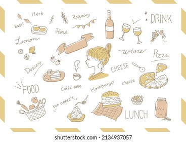 icon set of foods and drinks with woman's profile