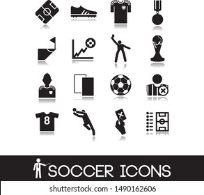 Icon set football category containing 16 icons and symbols specific to the theme of soccer game.