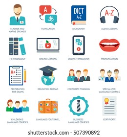 Icon set for foreign language courses and schools. Flat design. Vector illustration