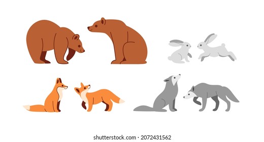 Conjunto de iconos de animales del bosque. Silueta de caricatura de liebre, zorro, oso y lobo. Ilustración de diseño plano al estilo de las caricaturas.