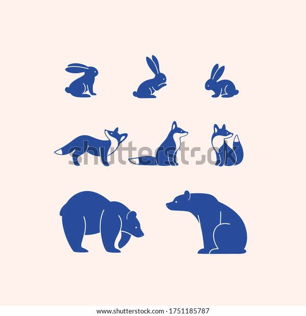 森の動物のアイコンセット 野うさぎ キツネ 熊のシルエット 漫画風のフラットデザインイラスト のベクター画像素材 ロイヤリティフリー