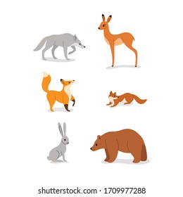 Icon set of forest animals -  wolf, marten, fox, hare, bear, fawn. Flat design illustration in cartoon style.