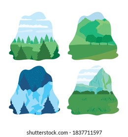 icon set of forest and winter landscapes over white background, colorful design, vector illustration