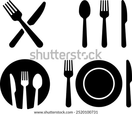 Icon set of fork spoon knife plate meal. Thin line icons flat vector illustrations isolated on white transparent background