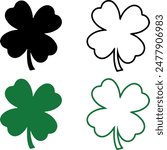 Icon set of four leaf clover flower. Simple flat design vector illustrations, isolated on white, transparent background. Concept of Irish St Patrick