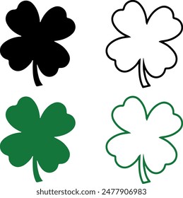 Icon set of four leaf clover flower. Simple flat design vector illustrations, isolated on white, transparent background. Concept of Irish St Patrick's Day	
