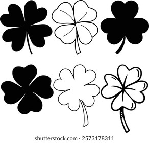 Icon set of four leaf clover flower. Simple flat design vector illustrations, isolated on white, transparent background. Concept of Irish St Patrick's Day 