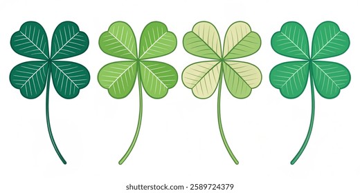 Icon set of four leaf clover flower. Simple flat design  Concept of Irish St Patrick's Day. Vector illustration on a white background.