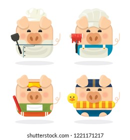 Icon set four pig with cute piggy cartoon character on white background isolated.