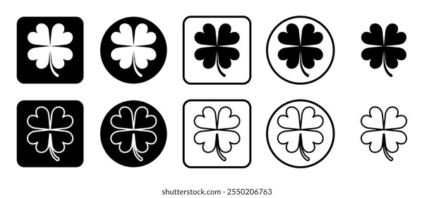 Icon set of four-leaf clover symbol. Filled, outline, black and white icons set, flat style.  Vector illustration on white background