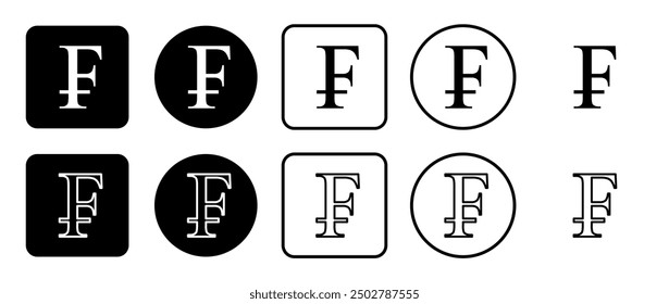 Icon set of franc symbol. Filled, outline, black and white icons set, flat style.  Vector illustration on white background