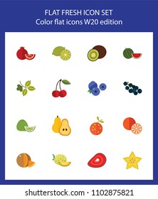 Icon set of fruits and berries. Vegan, organic food, healthy eating. Food concept. For topics like dieting, agriculture, food