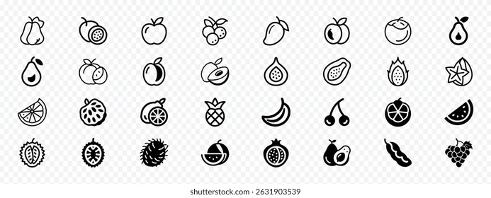  icon set of fruits, Fruits - thin line web icon set. Outline icons collection. Diverse Collection of Minimalist Outline Fruit Icons for Healthy Food, vegetables and berries.