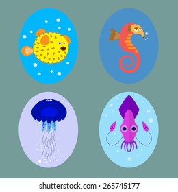 Icon set of funny ocean dwellers