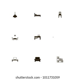 icon set Furniture with alarm clock, clock, books and kitchen