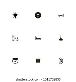 icon set Furniture with bookwall , alarm clock on the black, flower in pot and fish