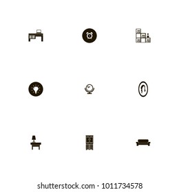 icon set Furniture with cabinet, light, woman and alarm clock on the black