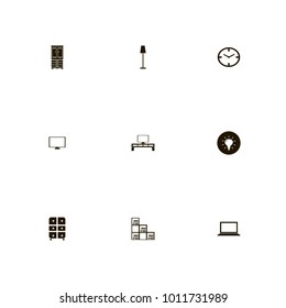 icon set Furniture with computer, clock, bookshelf and book wall