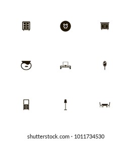 icon set Furniture with cupboard, clock, hand mirror and monitor